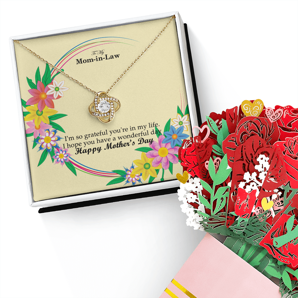 To My Mom-in-Law, I'm So Grateful You're In My Life - Happy Mother's Day - Love Knot Necklace and Sweetest Devotion Bouquet - Gift for Mom