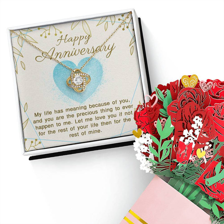 Happy Anniversary, My Life Has Meaning Because Of You - Love Knot Necklace &amp; Sweetest Devotion Flower Bouquet - Gift for Wife - Gift for Girlfriend