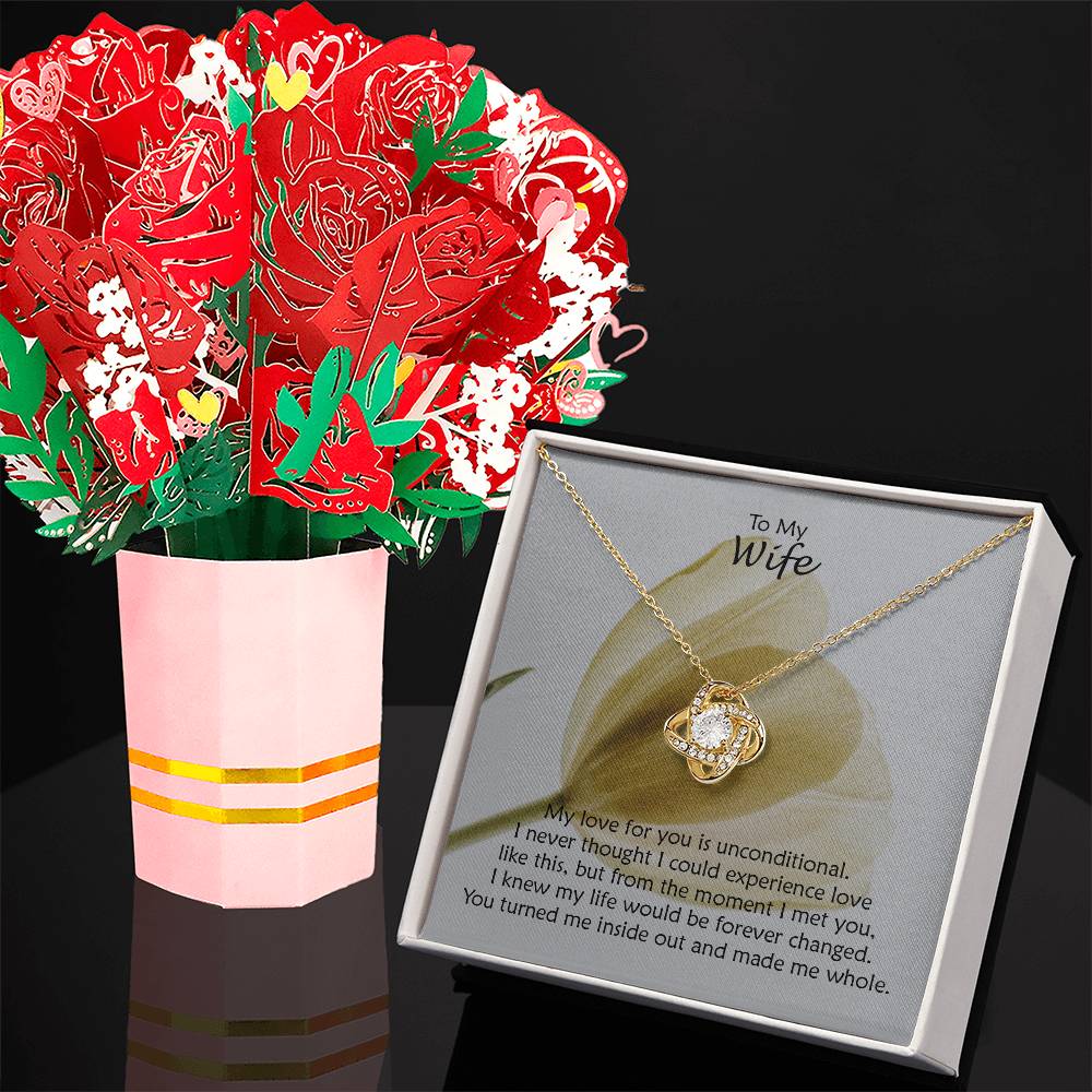 To My Wife, My Love For You Is Unconditional - Love Knot Necklace & Sweetest Devotion Flower Bouquet - Gift for Wife