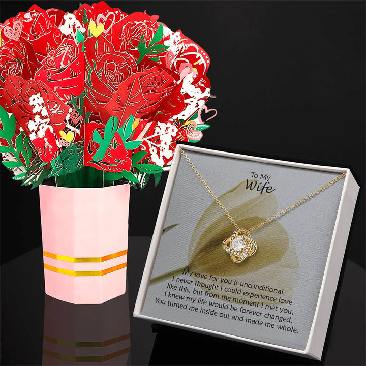 To My Wife, My Love For You Is Unconditional - Love Knot Necklace &amp; Sweetest Devotion Flower Bouquet – Gift for Wife