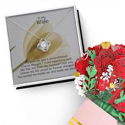 To My Wife, My Love For You Is Unconditional - Love Knot Necklace & Sweetest Devotion Flower Bouquet - Gift for Wife