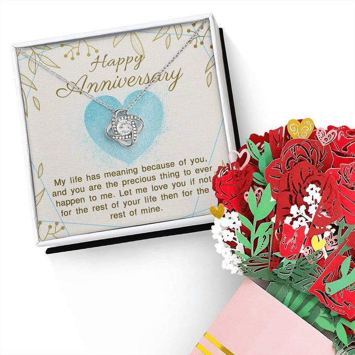 Happy Anniversary, My Life Has Meaning Because Of You - Love Knot Necklace &amp; Sweetest Devotion Flower Bouquet - Gift for Wife - Gift for Girlfriend