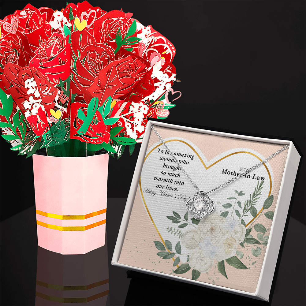 To My Mother-In-Law, To The Amazing Woman Who Brought So Much Warmth Into Our Lives - Happy Mother's Day - Love Knot Necklace & Sweetest Devotion Flower Bouquet - Gift for Mom