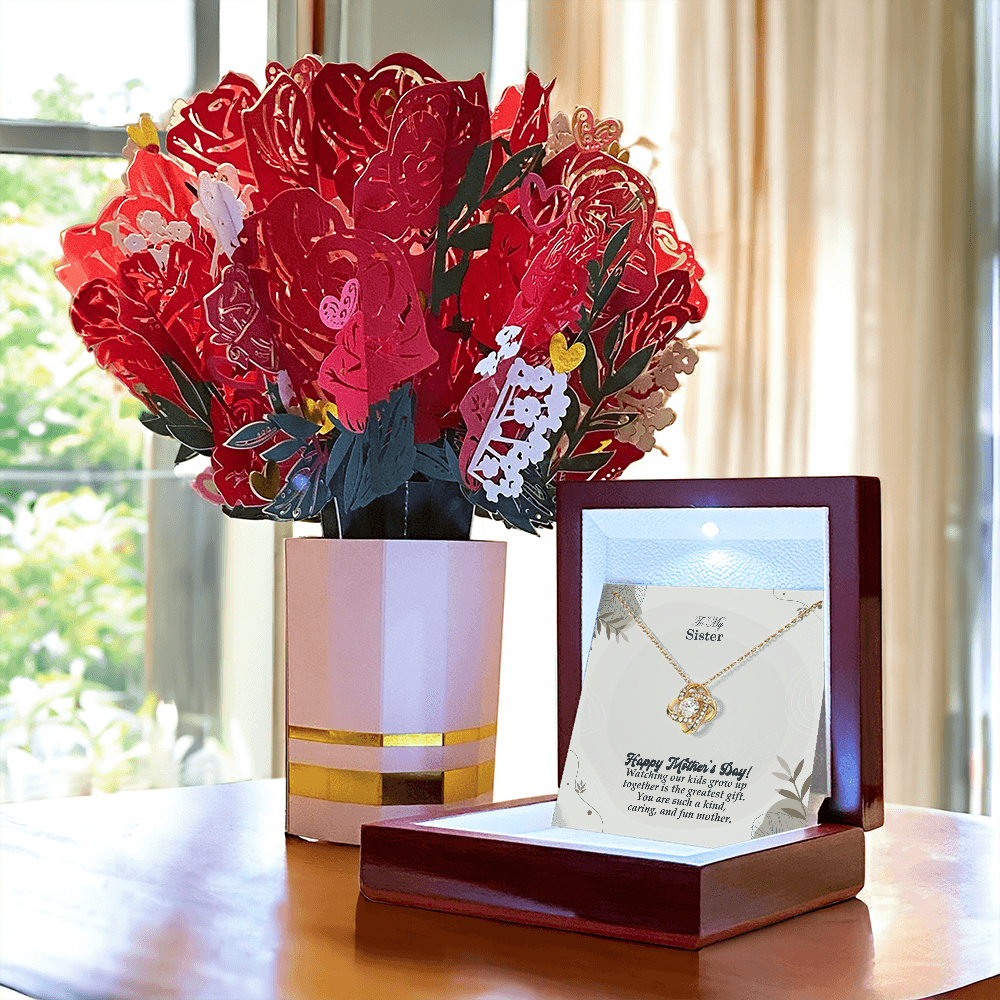 To My Sister, Happy Mother's Day! Watching Our Kids Grow Up Together Is The Greatest Gift - Love Knot Necklace & Sweetest Devotion Flower Bouquet - Gift for Mom