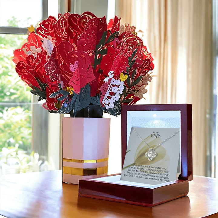 To My Wife, My Love For You Is Unconditional - Love Knot Necklace &amp; Sweetest Devotion Flower Bouquet – Gift for Wife
