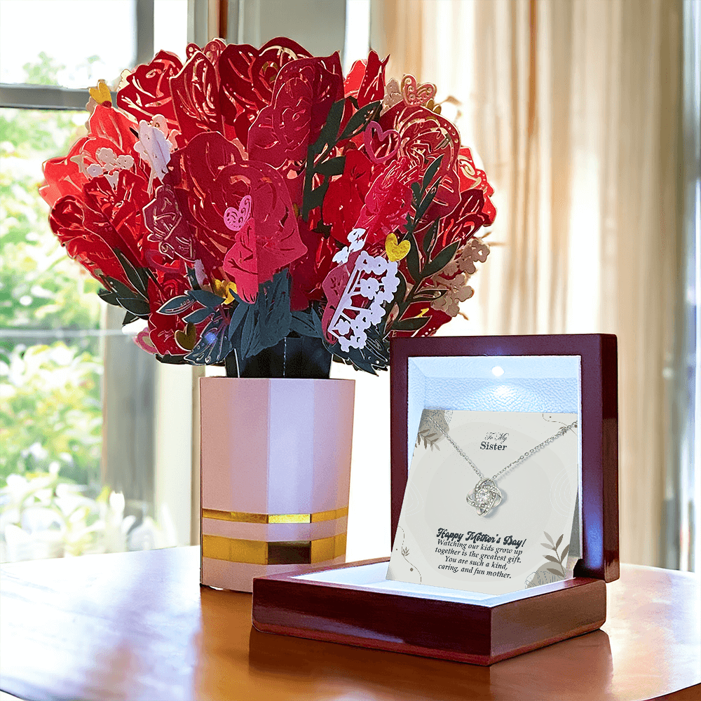 To My Sister, Happy Mother's Day! Watching Our Kids Grow Up Together Is The Greatest Gift - Love Knot Necklace & Sweetest Devotion Flower Bouquet - Gift for Mom