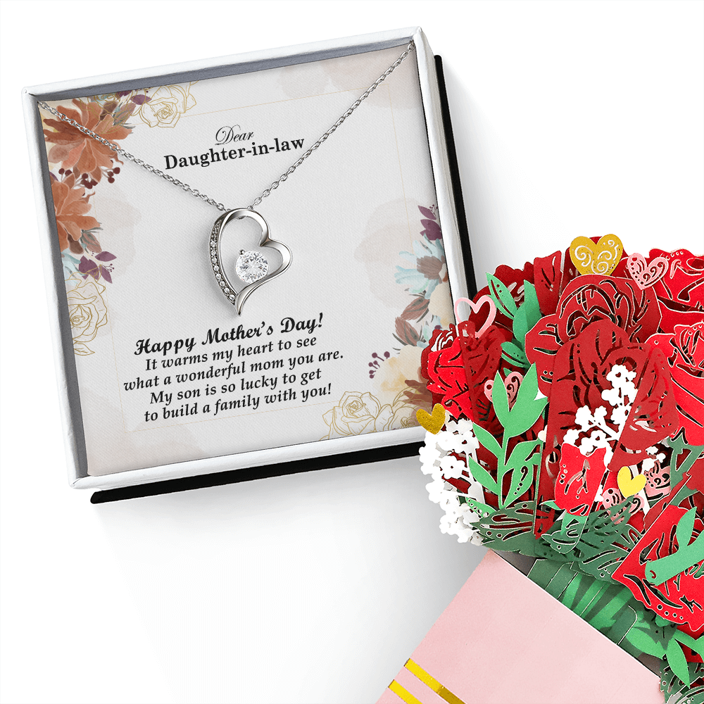 Dear Daughter-in-law, Happy Mother's Day! It Warms My Heart To See What A Wonderful Mom You Are - Forever Love Necklace & Sweetest Devotion Flower Bouquet - Gift for Mom