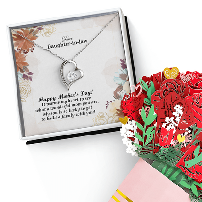 Dear Daughter-in-law, Happy Mother's Day! It Warms My Heart To See What A Wonderful Mom You Are - Forever Love Necklace & Sweetest Devotion Flower Bouquet - Gift for Mom