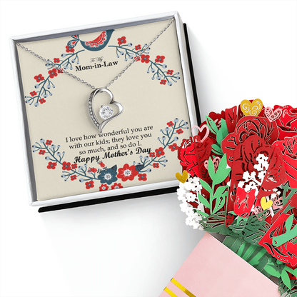 To My Mom-in-Law, I Love How Wonderful You Are With Our Kids - Happy Mother's Day - Forever Love Necklace & Sweetest Devotion Flower Bouquet - Gift for Mom