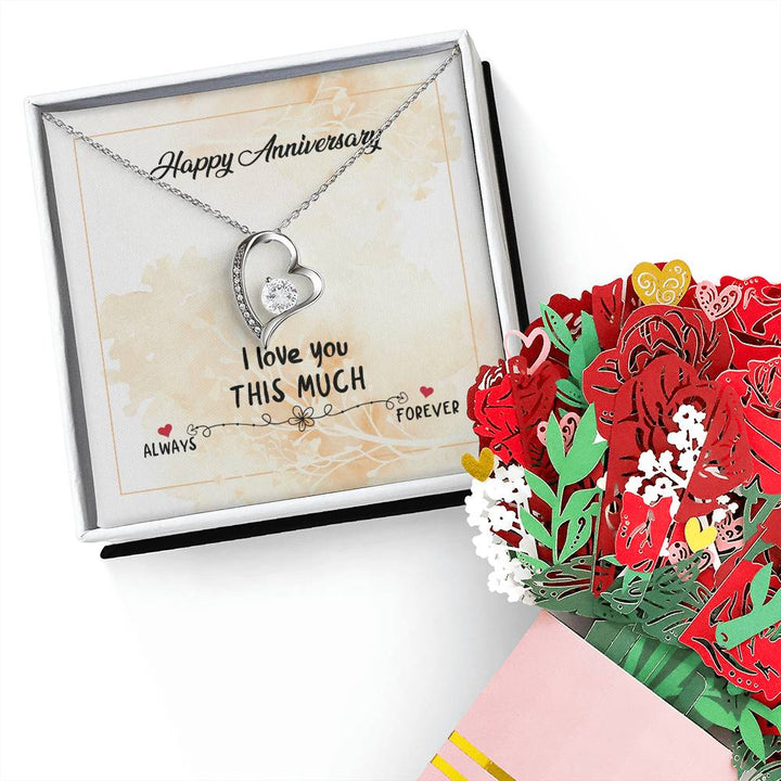 Happy Anniversary, I Love You This Much - Forever Love Necklace &amp; Sweetest Devotion Flower Bouquet – Gift for Wife
