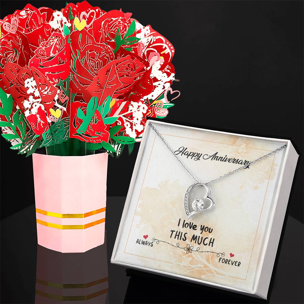Happy Anniversary, I Love You This Much - Forever Love Necklace &amp; Sweetest Devotion Flower Bouquet – Gift for Wife