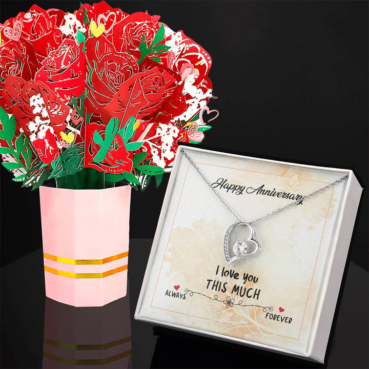 Happy Anniversary, I Love You This Much - Forever Love Necklace &amp; Sweetest Devotion Flower Bouquet – Gift for Wife
