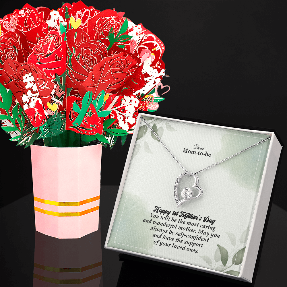 Dear Mom-To-Be, Happy 1st Mother's Day! You Will Be The Most Caring And Wonderful Mother - Forever Love Necklace & Sweetest Devotion Flower Bouquet - Gift for Mom
