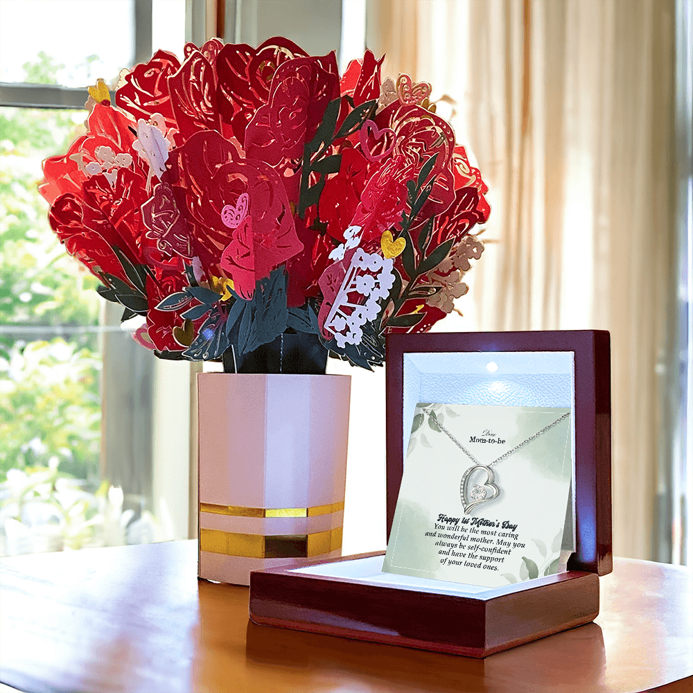 Dear Mom-To-Be, Happy 1st Mother's Day! You Will Be The Most Caring And Wonderful Mother - Forever Love Necklace & Sweetest Devotion Flower Bouquet - Gift for Mom