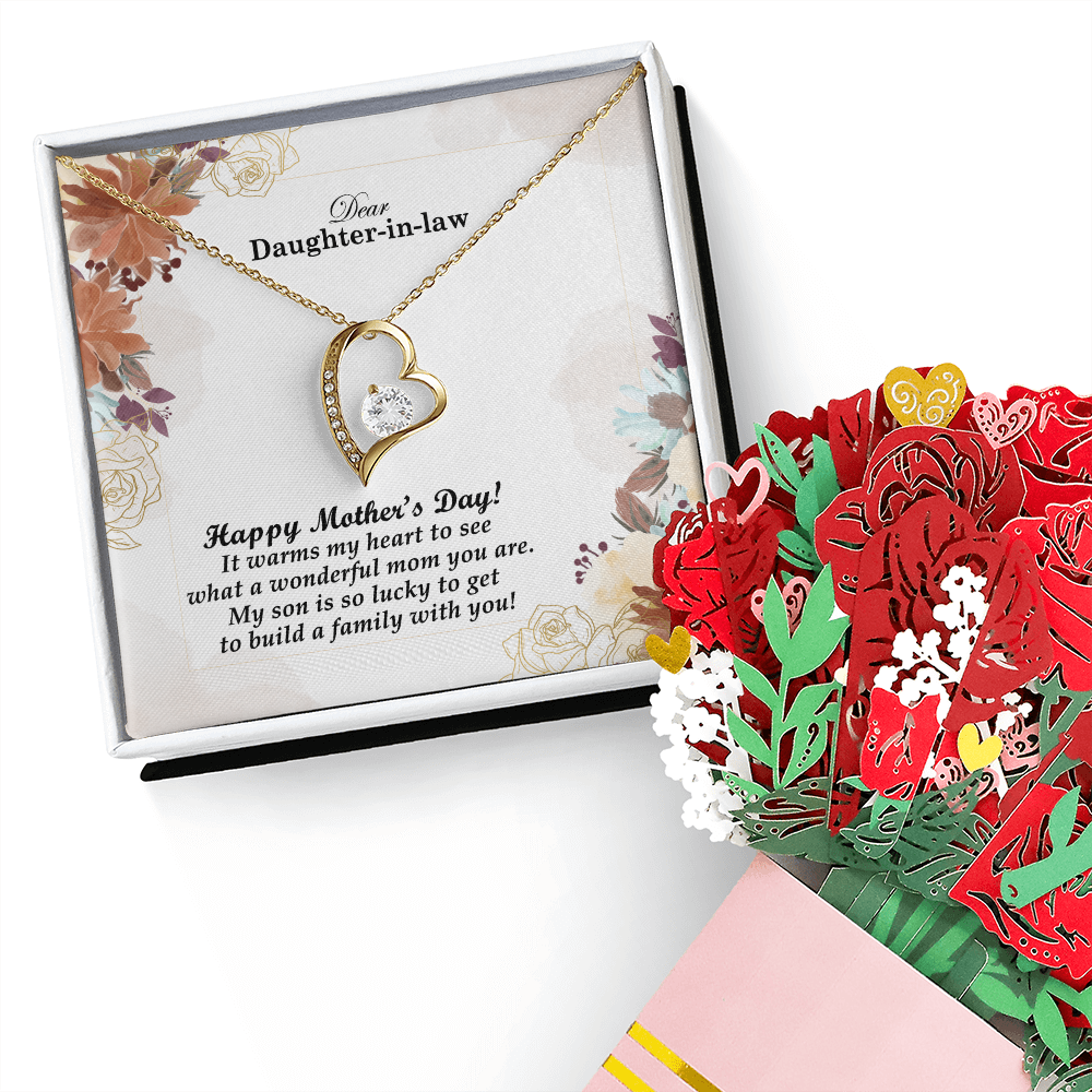 Dear Daughter-in-law, Happy Mother's Day! It Warms My Heart To See What A Wonderful Mom You Are - Forever Love Necklace & Sweetest Devotion Flower Bouquet - Gift for Mom