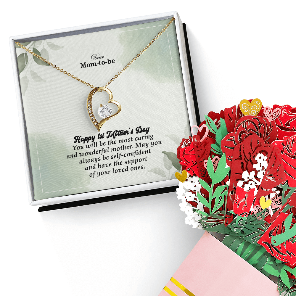 Dear Mom-To-Be, Happy 1st Mother's Day! You Will Be The Most Caring And Wonderful Mother - Forever Love Necklace & Sweetest Devotion Flower Bouquet - Gift for Mom