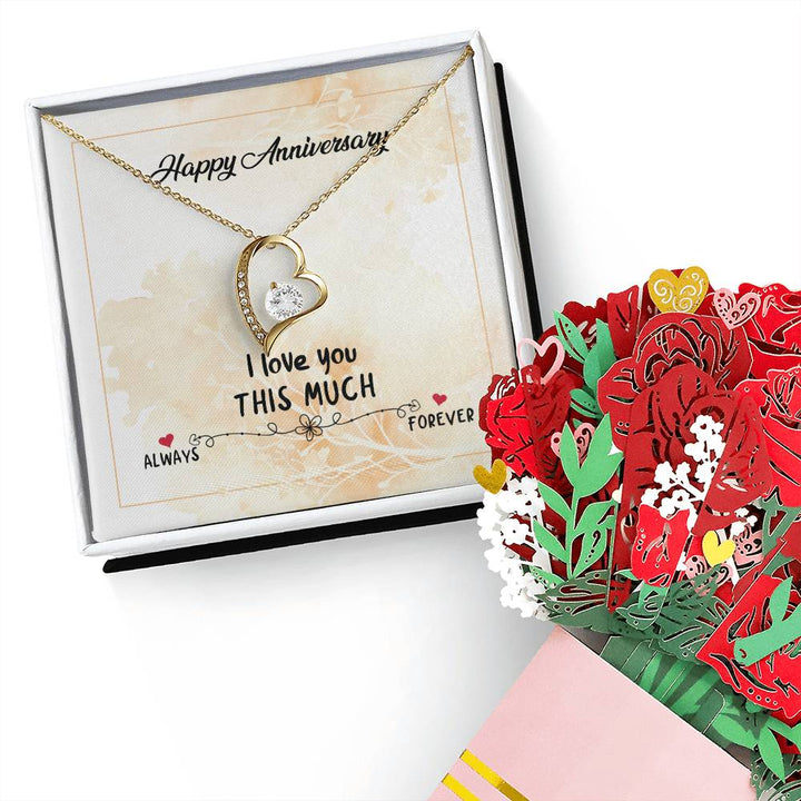 Happy Anniversary, I Love You This Much - Forever Love Necklace &amp; Sweetest Devotion Flower Bouquet – Gift for Wife