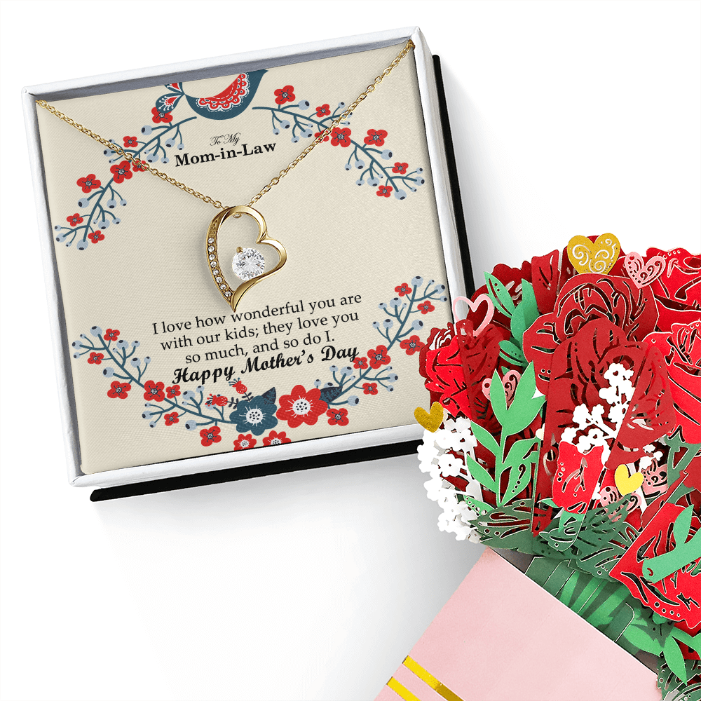 To My Mom-in-Law, I Love How Wonderful You Are With Our Kids - Happy Mother's Day - Forever Love Necklace & Sweetest Devotion Flower Bouquet - Gift for Mom