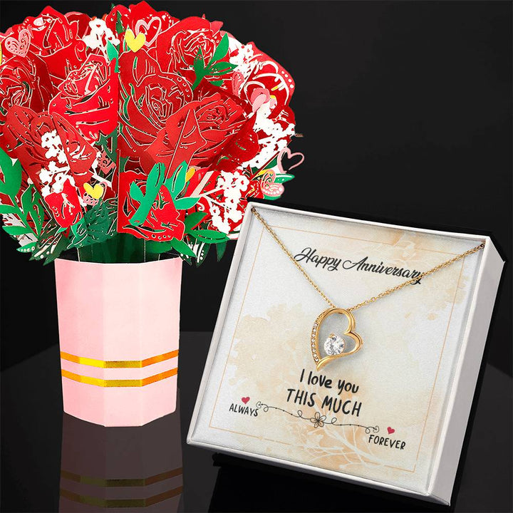 Happy Anniversary, I Love You This Much - Forever Love Necklace &amp; Sweetest Devotion Flower Bouquet – Gift for Wife