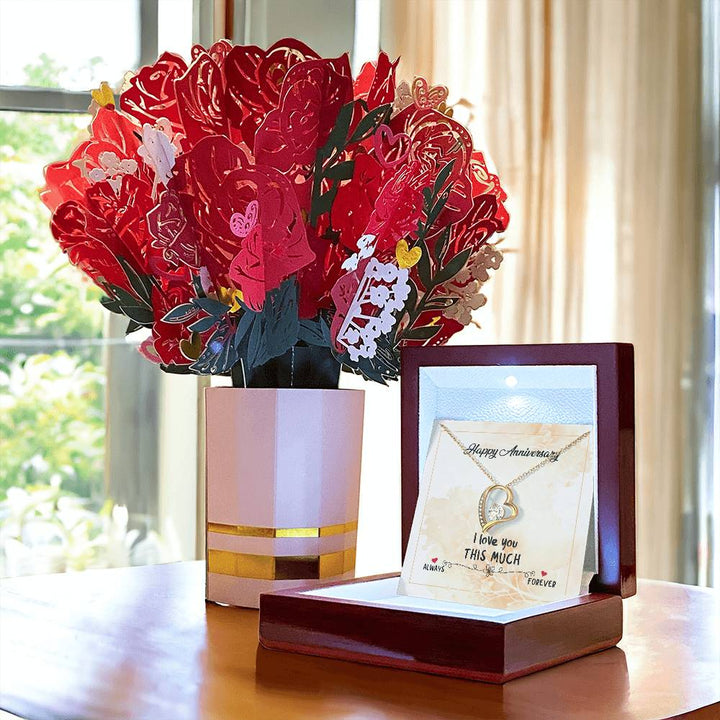 Happy Anniversary, I Love You This Much - Forever Love Necklace &amp; Sweetest Devotion Flower Bouquet – Gift for Wife