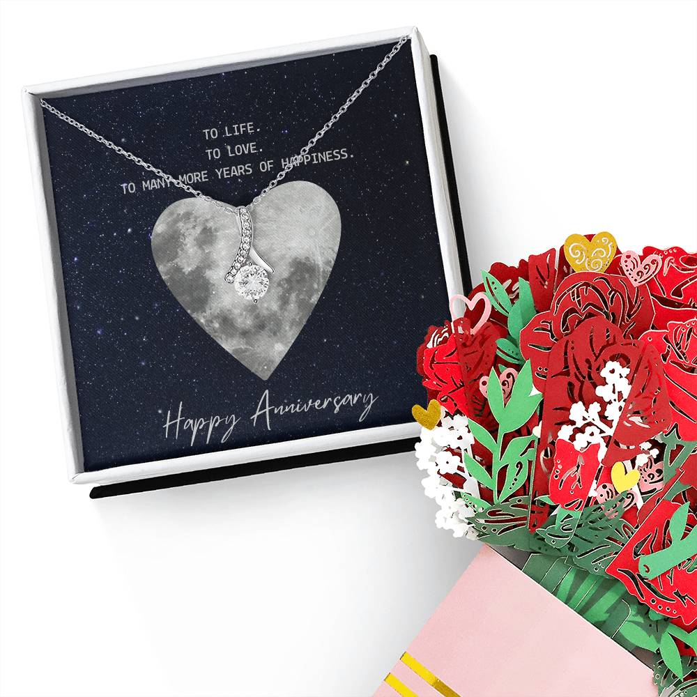 To Life. To Love. To Many More Years Of Happiness. Happy Anniversary - Alluring Beauty Necklace &amp; Sweetest Devotion Flower Bouquet - Gift for Wife - Gift for Girlfriend