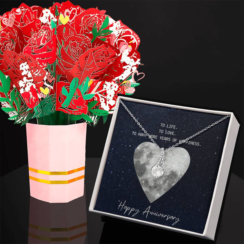 To Life. To Love. To Many More Years Of Happiness. Happy Anniversary - Alluring Beauty Necklace &amp; Sweetest Devotion Flower Bouquet - Gift for Wife - Gift for Girlfriend