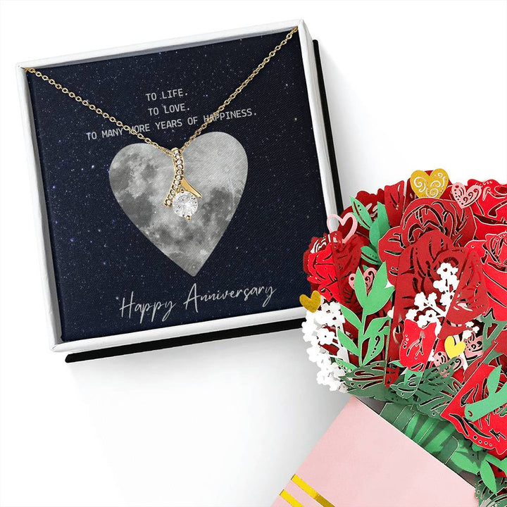 To Life. To Love. To Many More Years Of Happiness. Happy Anniversary - Alluring Beauty Necklace &amp; Sweetest Devotion Flower Bouquet - Gift for Wife - Gift for Girlfriend