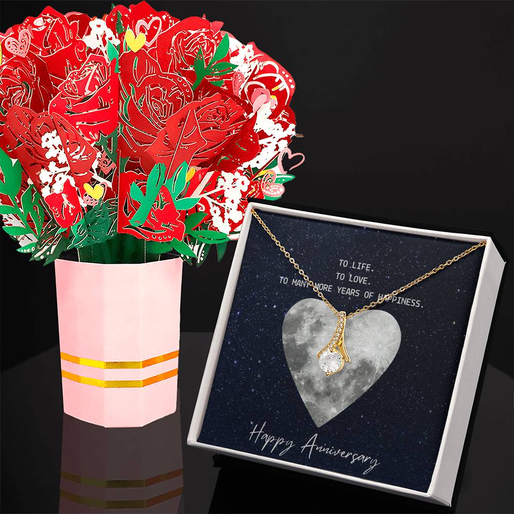 To Life. To Love. To Many More Years Of Happiness. Happy Anniversary - Alluring Beauty Necklace &amp; Sweetest Devotion Flower Bouquet - Gift for Wife - Gift for Girlfriend