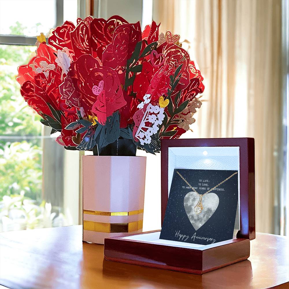 To Life. To Love. To Many More Years Of Happiness. Happy Anniversary - Alluring Beauty Necklace &amp; Sweetest Devotion Flower Bouquet - Gift for Wife - Gift for Girlfriend