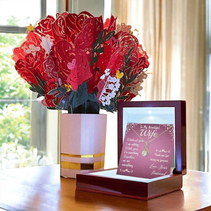 To My Beautiful Wife, Thank You For Being My Forever - Alluring Beauty Necklace &amp; Sweetest Devotion Flower Bouquet - Gift for Wife