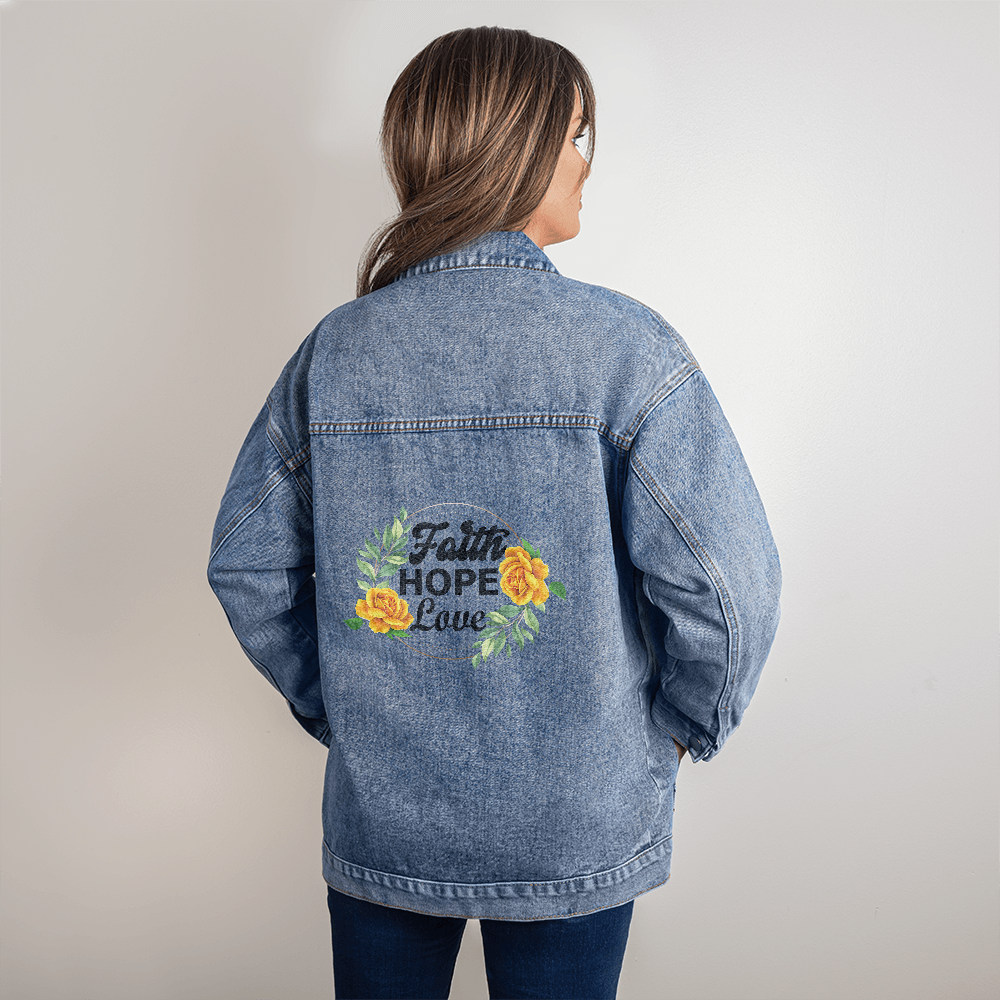 Faith Hope Love - Oversized Women's DTG Denim Jacket - Gift for Her