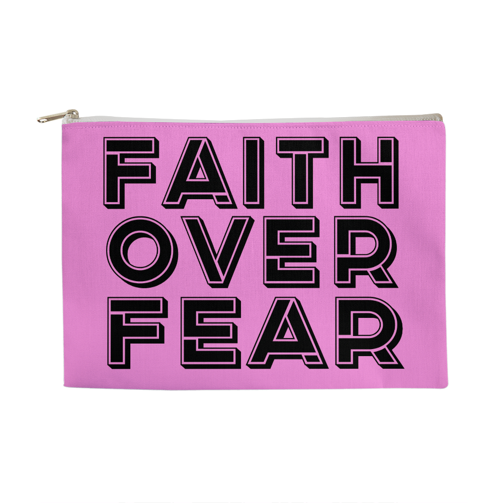Faith Over Fear (Black) Fabric Zippered Pouch Large – Gift for Her - Gift for Him
