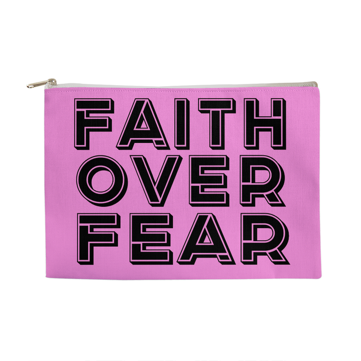 Faith Over Fear (Black) Fabric Zippered Pouch Large – Gift for Her - Gift for Him