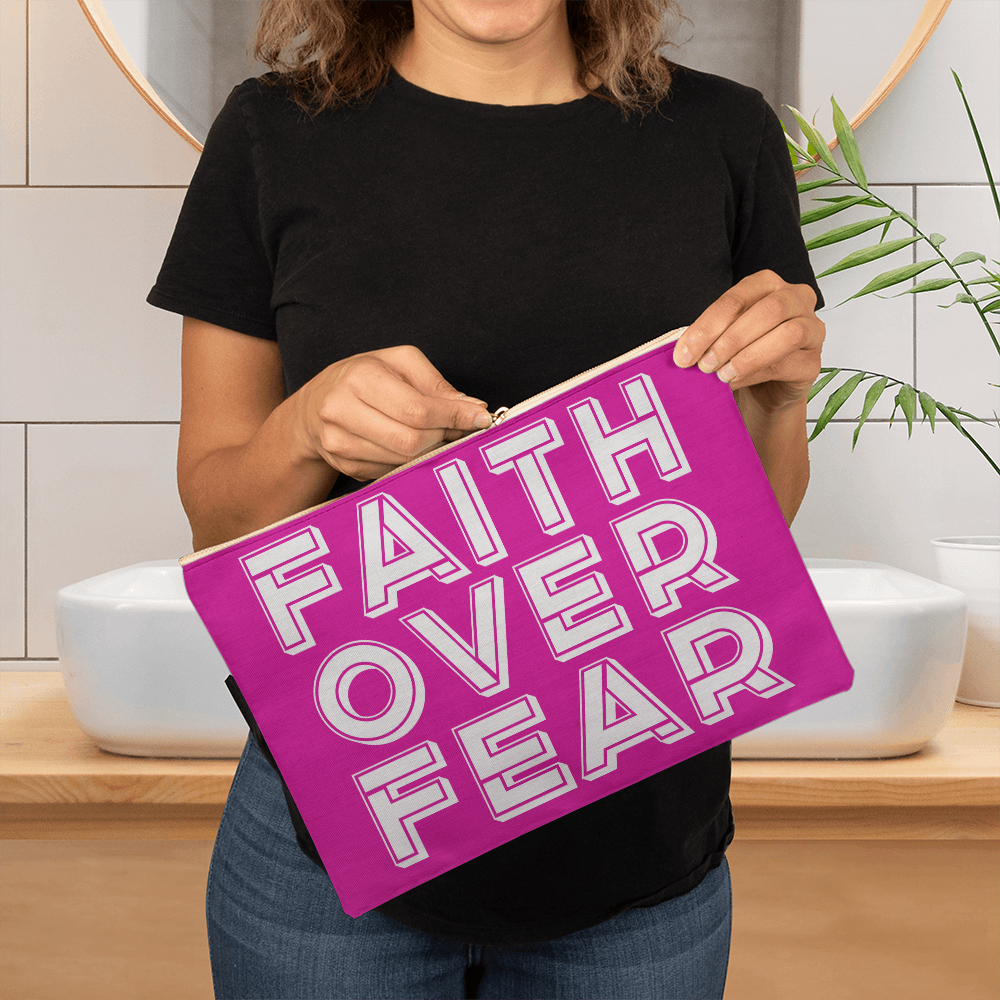 Faith Over Fear (White) Fabric Zippered Pouch Large – Gift for Her - Gift for Him