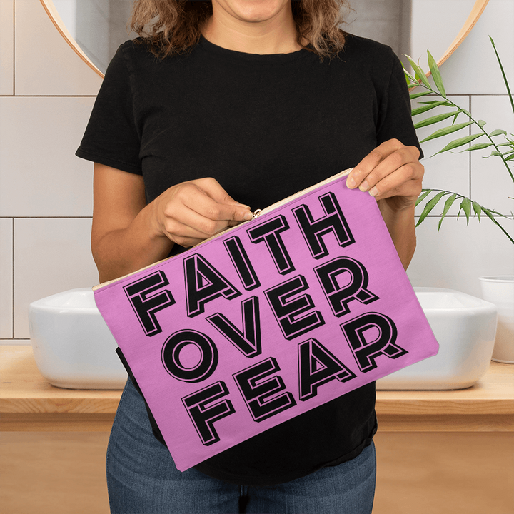 Faith Over Fear (Black) Fabric Zippered Pouch Large – Gift for Her - Gift for Him