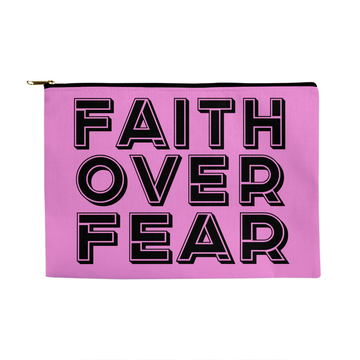 Faith Over Fear (Black) Fabric Zippered Pouch Large – Gift for Her - Gift for Him