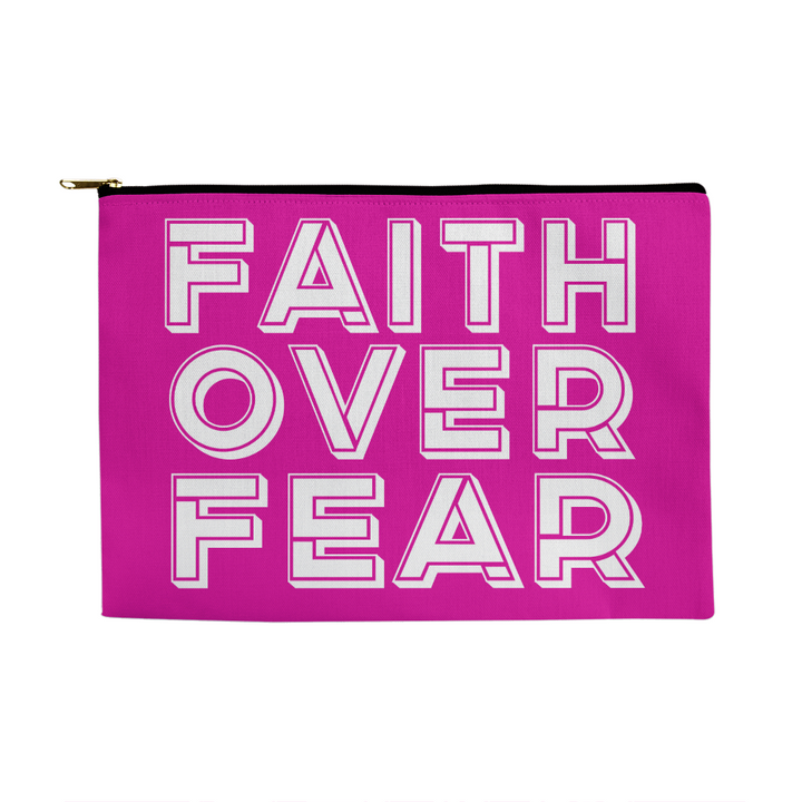 Faith Over Fear (White) Fabric Zippered Pouch Large – Gift for Her - Gift for Him