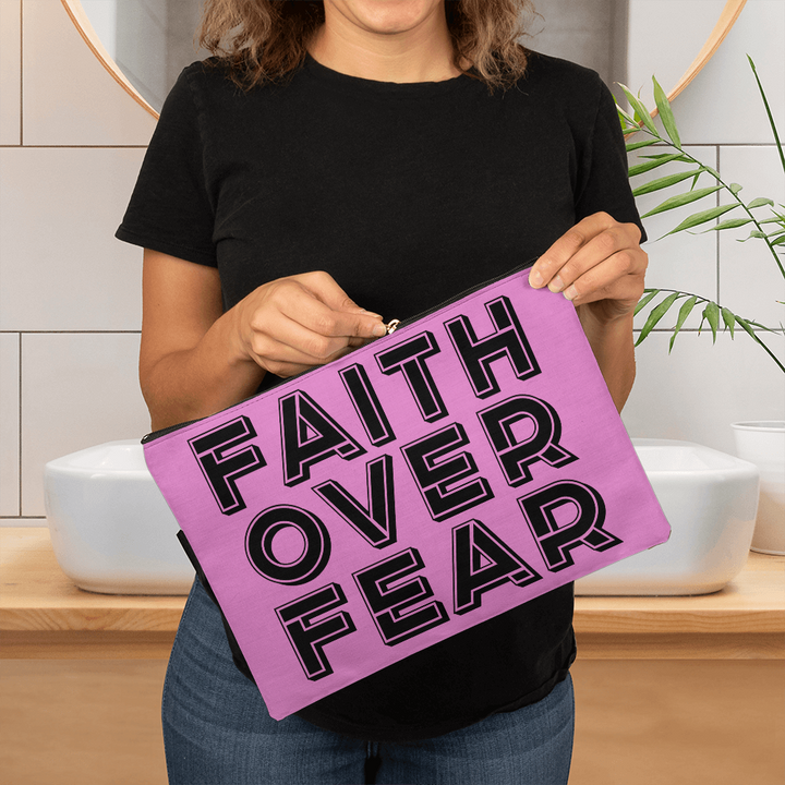 Faith Over Fear (Black) Fabric Zippered Pouch Large – Gift for Her - Gift for Him