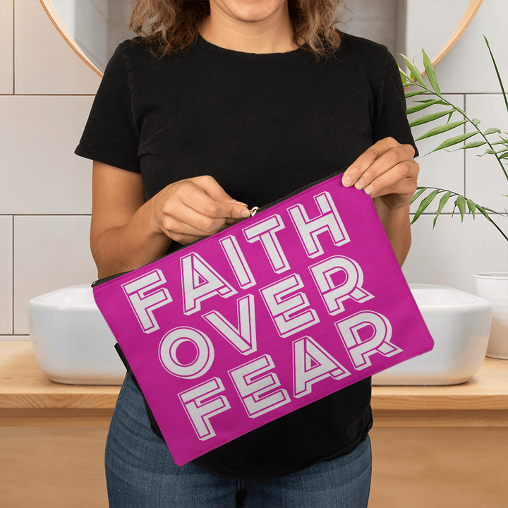 Faith Over Fear (White) Fabric Zippered Pouch Large – Gift for Her - Gift for Him