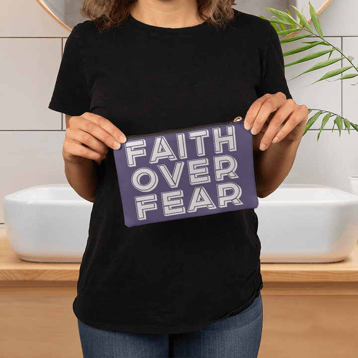 Faith Over Fear (White) Fabric Zippered Pouch Small – Gift for Her - Gift for Him