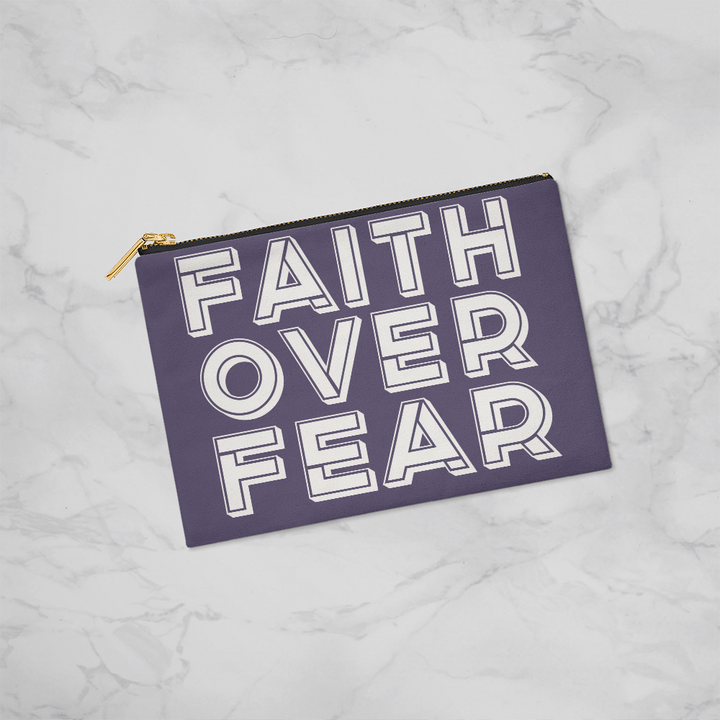 Faith Over Fear (White) Fabric Zippered Pouch Small – Gift for Her - Gift for Him