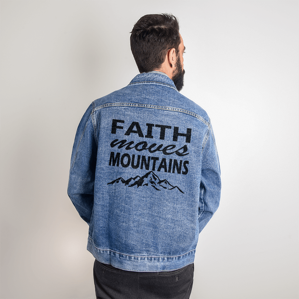 Faith Moves Mountains - Men's DTG Denim Jacket - Gift for Him