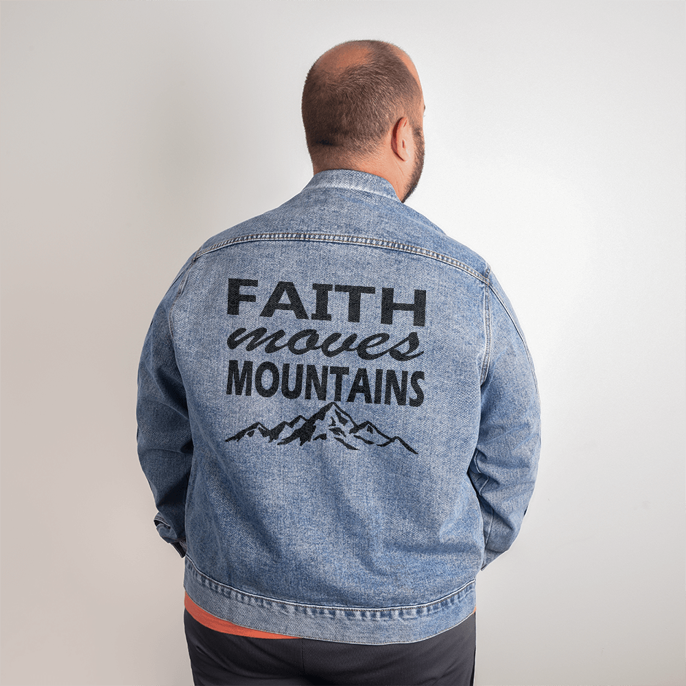 Faith Moves Mountains - Men's DTG Denim Jacket - Gift for Him