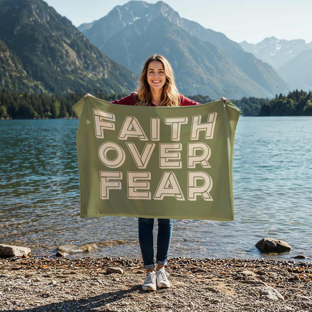Faith Over Fear (White with Green Background) Coral Fleece Blanket – Gift for Her - Gift for Him