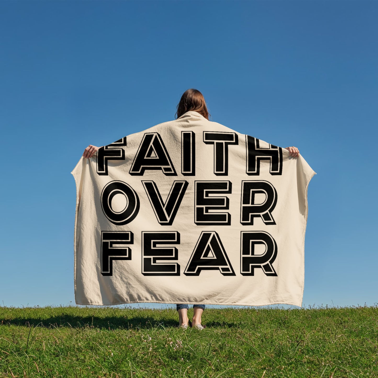 Faith Over Fear (Black with Cream Background) Coral Fleece Blanket – Gift for Her - Gift for Him