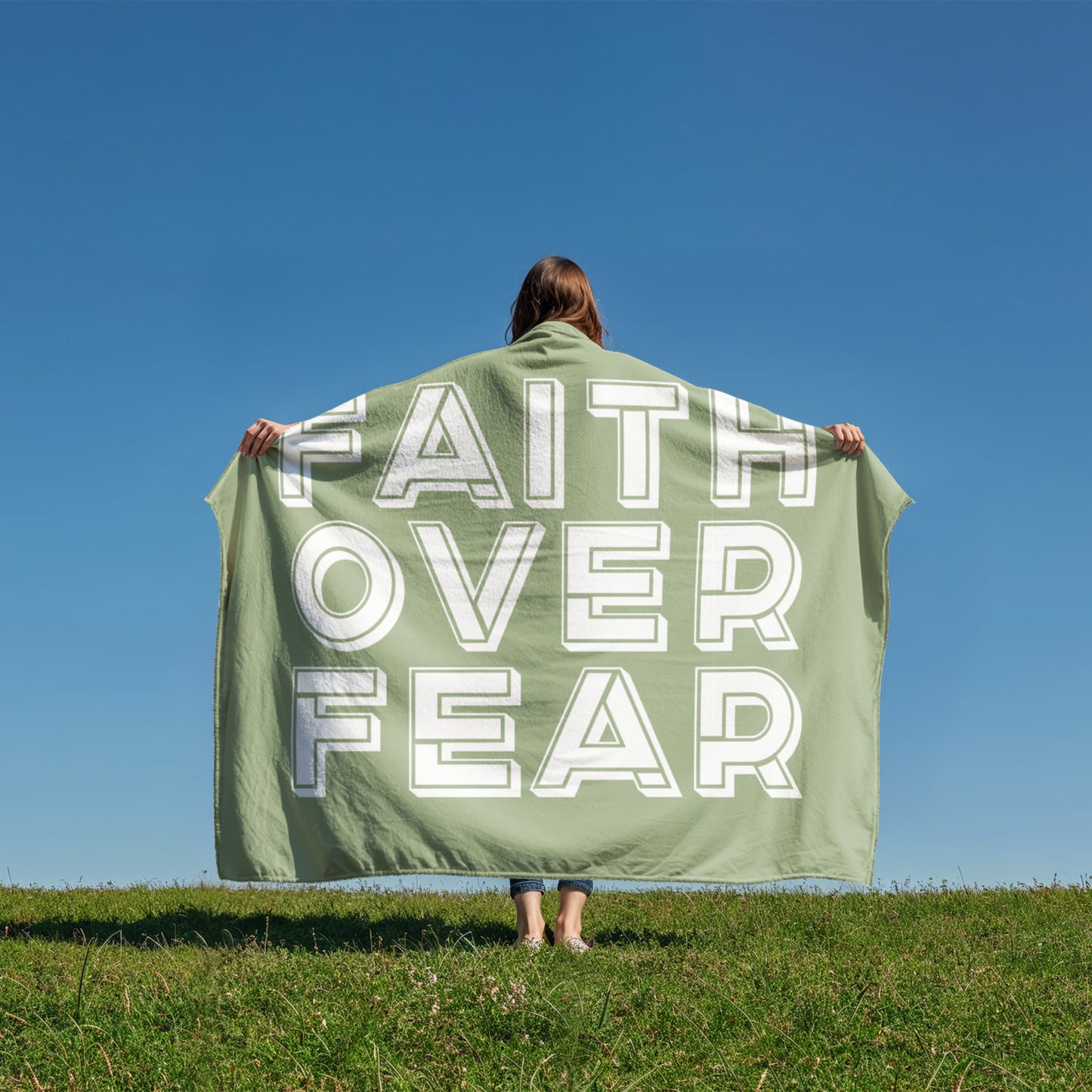 Faith Over Fear (White with Green Background) Coral Fleece Blanket – Gift for Her - Gift for Him