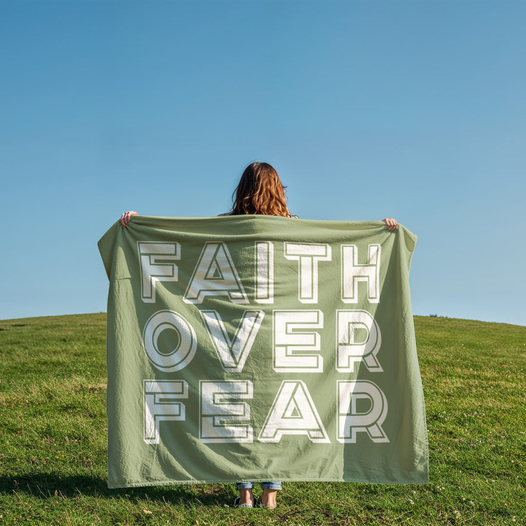 Faith Over Fear (White with Green Background) Coral Fleece Blanket – Gift for Her - Gift for Him