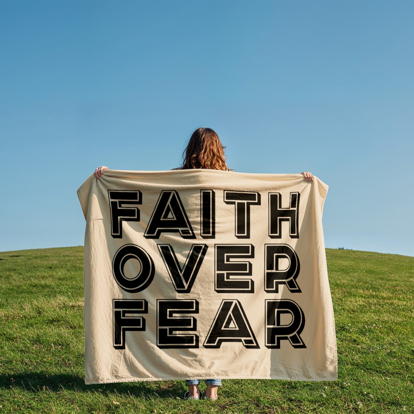 Faith Over Fear (Black with Cream Background) Coral Fleece Blanket – Gift for Her - Gift for Him