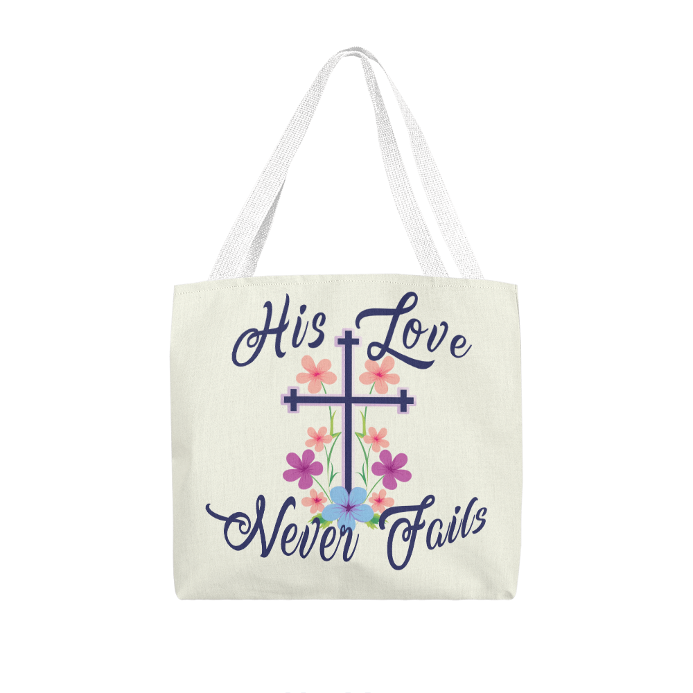 His Love Never Fails – Premium Canvas Tote Bag – Gift for Her