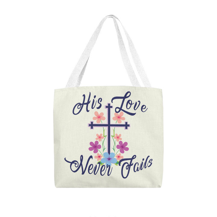 His Love Never Fails – Premium Canvas Tote Bag – Gift for Her
